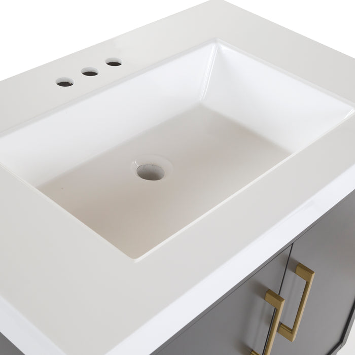 Predrilled sink top on Darya 30.5-in modern gray bathroom vanity with white sink top, 2 doors, interior drawer