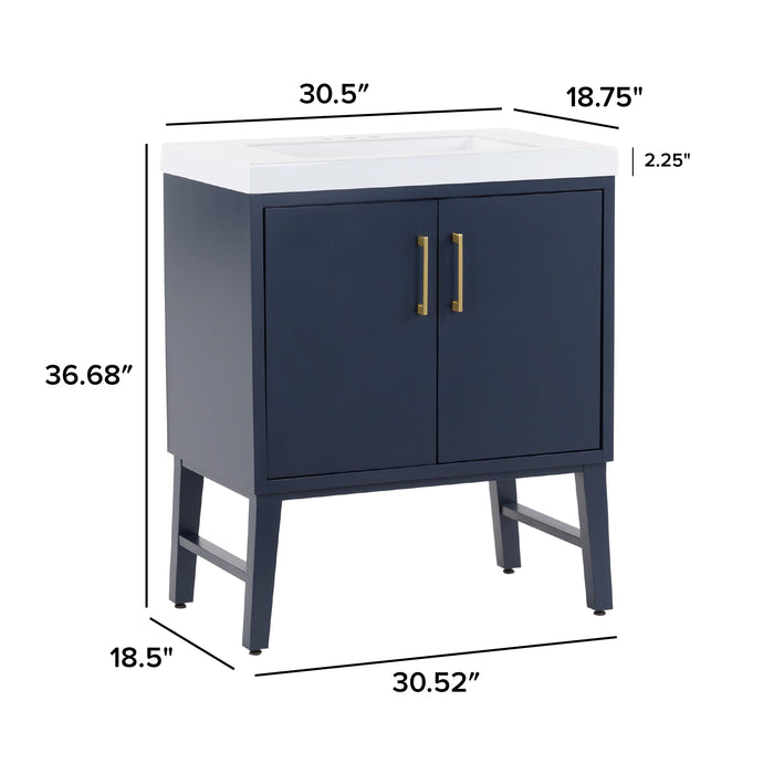 Measurements of Darya 30.5-in modern blue bathroom vanity with white sink top, 2 doors, interior drawer: 30.5-in W x 18.75-in D x 36.68-in H