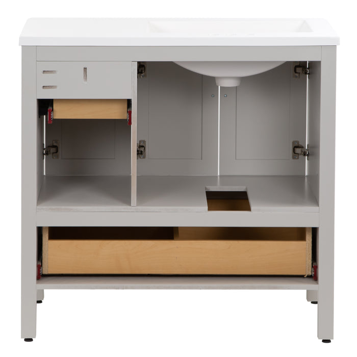 Open back on Destan 36 in light gray bathroom vanity with 2 drawers, 2 cabinets, polished chrome hardware, white sink top