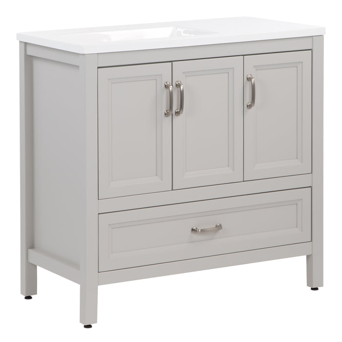 Angled view of Destan 36 in light gray bathroom vanity with 2 drawers, 2 cabinets, polished chrome hardware, white sink top
