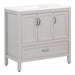 Angled view of Destan 36 in light gray bathroom vanity with 2 drawers, 2 cabinets, polished chrome hardware, white sink top