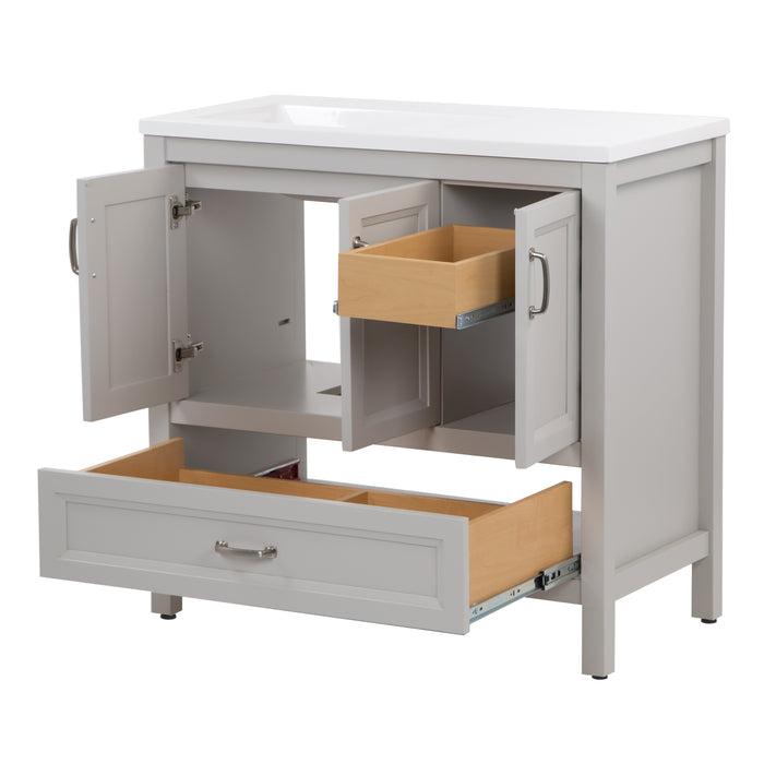 Open doors and drawers on Destan 36 in light gray bathroom vanity with 2 drawers, 2 cabinets, polished chrome hardware, white sink top