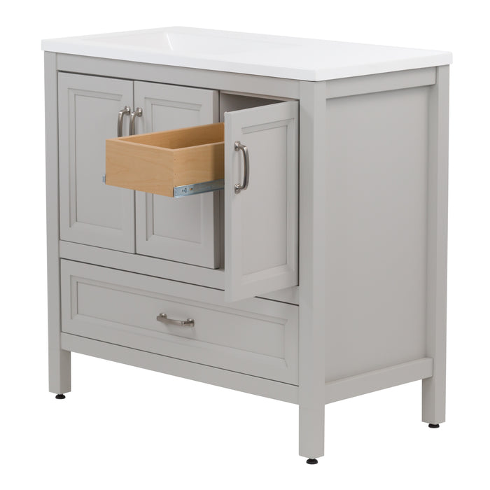 Right side with door and interior drawer open of Destan 36 in light gray bathroom vanity with 2 drawers, 2 cabinets, polished chrome hardware, white sink top