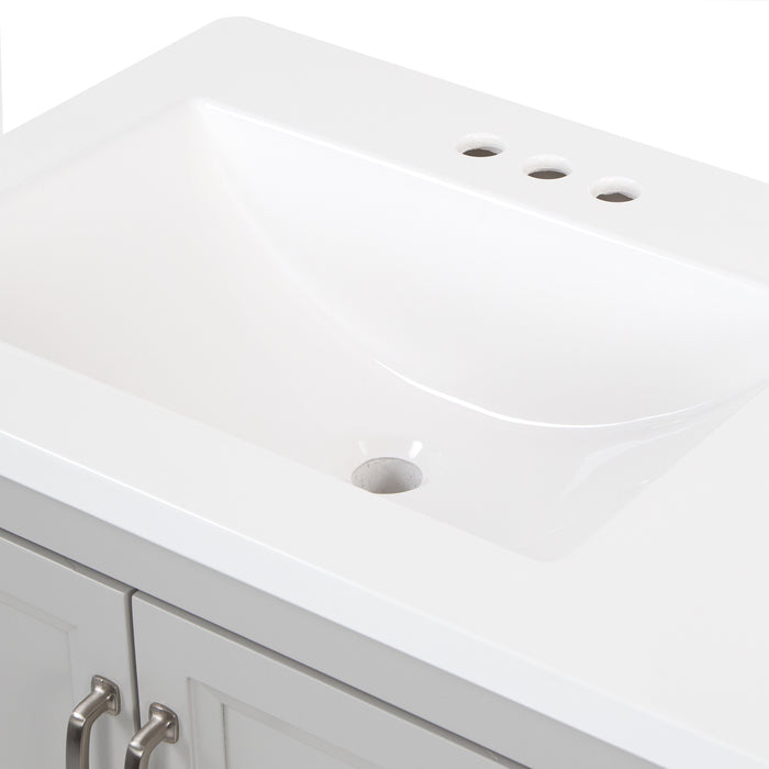 Predrilled sink top on Destan 36 in light gray bathroom vanity with 2 drawers, 2 cabinets, polished chrome hardware, white sink top