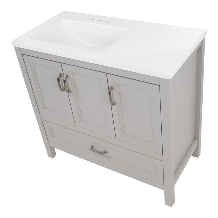 Top view of Destan 36 in light gray bathroom vanity with 2 drawers, 2 cabinets, polished chrome hardware, white sink top