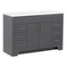 Angled view of Salil 48 inch 2-door, 4-drawer gray bathroom vanity with white sink top
