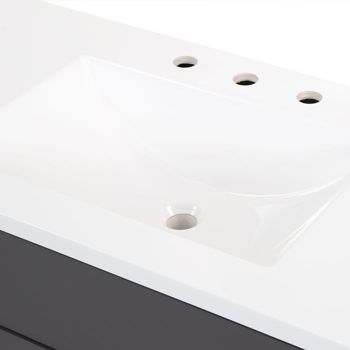 Predrilled sink top on Salil 48 inch 2-door, 4-drawer gray bathroom vanity with white sink top