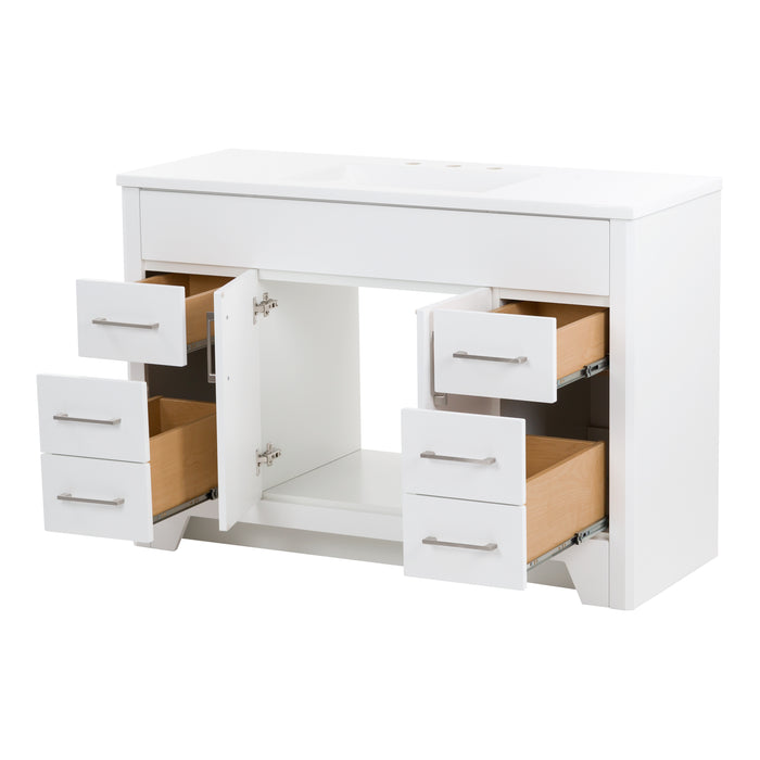 Open doors and drawers on Salil 48 inch 2-door, 4-drawer white bathroom vanity with white sink top