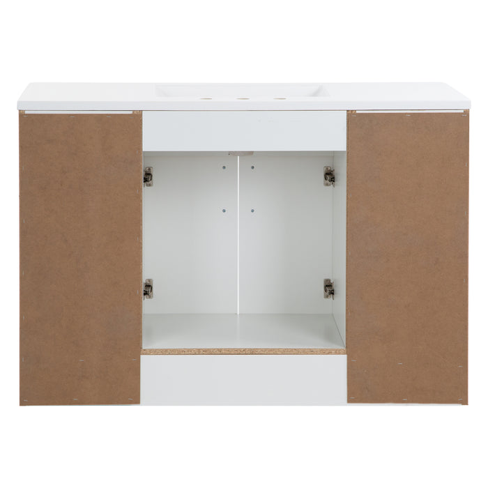 Open back on Salil 48 inch 2-door, 4-drawer white bathroom vanity with white sink top