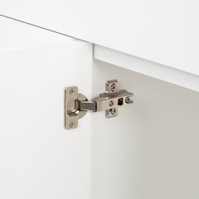 Adjustable hinge on Salil 48 inch 2-door, 4-drawer white bathroom vanity with white sink top