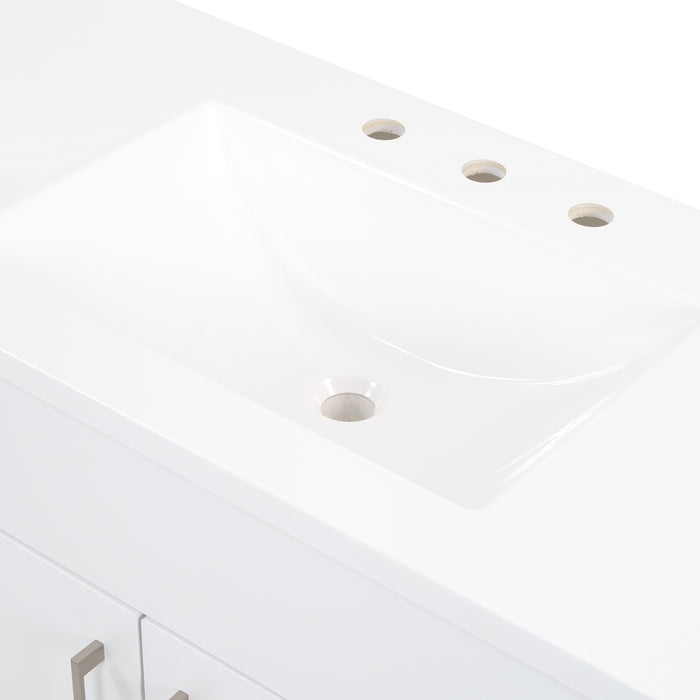 Predrilled sink top on Salil 48 inch 2-door, 4-drawer white bathroom vanity with white sink top