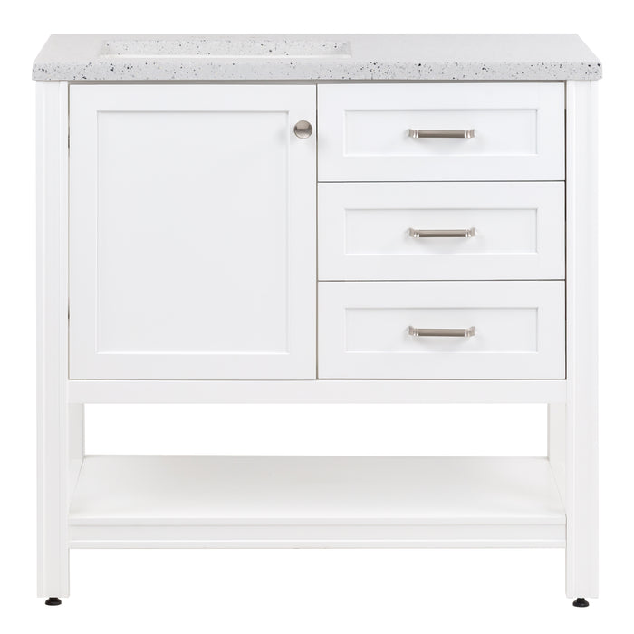 36.5 in. Eaton white bathroom vanity with drawers, open shelf, adjustable legs, and brushed nickel handles with granite-look sink top