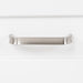 Closeup of drawer handle on 36.5 in. Eaton white bathroom vanity with drawers, open shelf, adjustable legs, and brushed nickel handles with granite-look sink top
