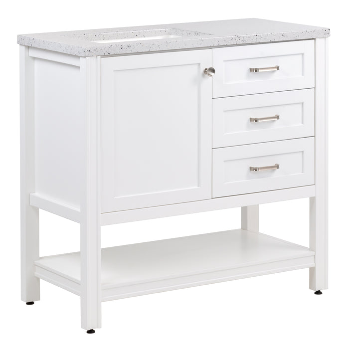 Angled view of 36.5 in. Eaton white bathroom vanity with drawers, open shelf, adjustable legs, and brushed nickel handles with granite-look sink top