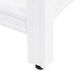 Closeup of leveling foot on 36.5 in. Eaton white bathroom vanity with drawers, open shelf, adjustable legs, and brushed nickel handles with granite-look sink top