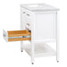Side view with lower drawer open 36.5 in. Eaton white bathroom vanity with drawers, open shelf, adjustable legs, and brushed nickel handles with granite-look sink top
