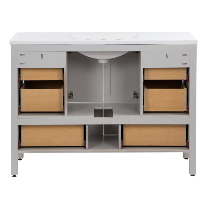 Open back on Destan 48 in. bathroom vanity with 4 drawers, cabinet, polished chrome hardware, white sink top 