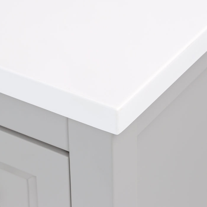 Corner closeup on Destan 48 in. bathroom vanity with 4 drawers, cabinet, polished chrome hardware, white sink top 