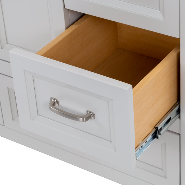 Open small drawer on Destan 48 in. bathroom vanity with 4 drawers, cabinet, polished chrome hardware, white sink top 
