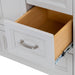 Open small drawer on Destan 48 in. bathroom vanity with 4 drawers, cabinet, polished chrome hardware, white sink top 