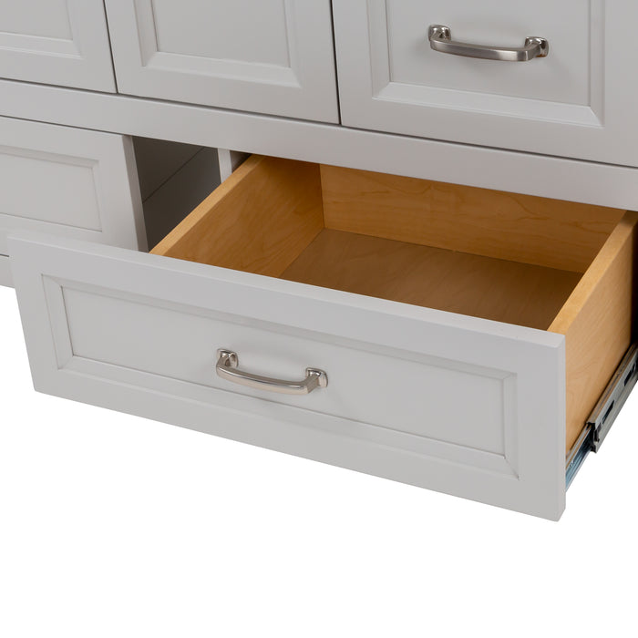 Open base drawer on Destan 48 in. bathroom vanity with 4 drawers, cabinet, polished chrome hardware, white sink top 