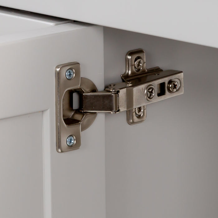 Adjustable hinge on Destan 48 in. bathroom vanity with 4 drawers, cabinet, polished chrome hardware, white sink top 
