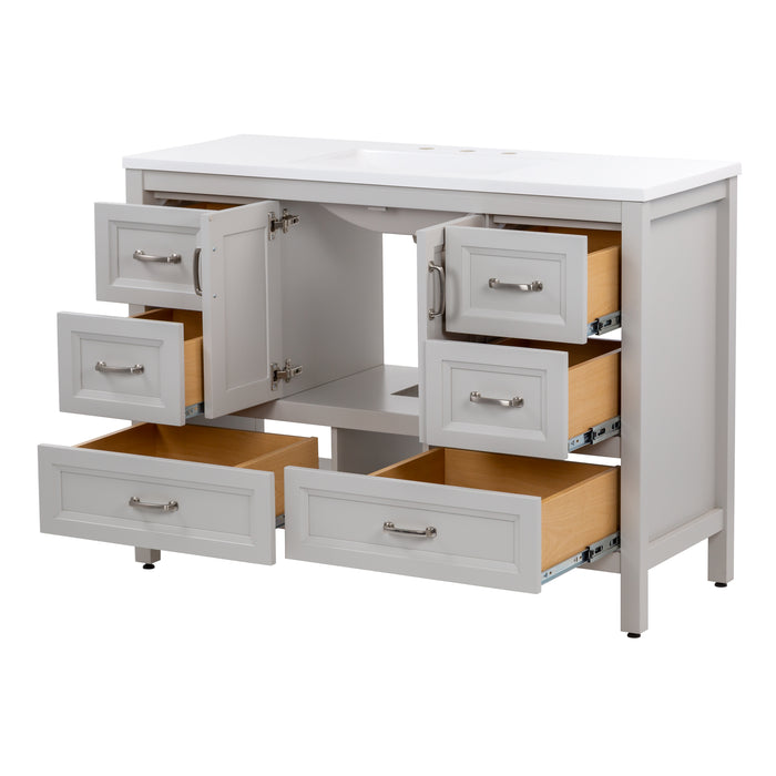 Doors and drawers open on Destan 48 in. bathroom vanity with 4 drawers, cabinet, polished chrome hardware, white sink top 