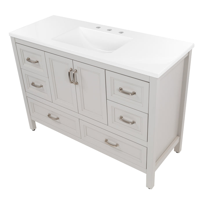 Top view of Destan 48 in. bathroom vanity with 4 drawers, cabinet, polished chrome hardware, white sink top 