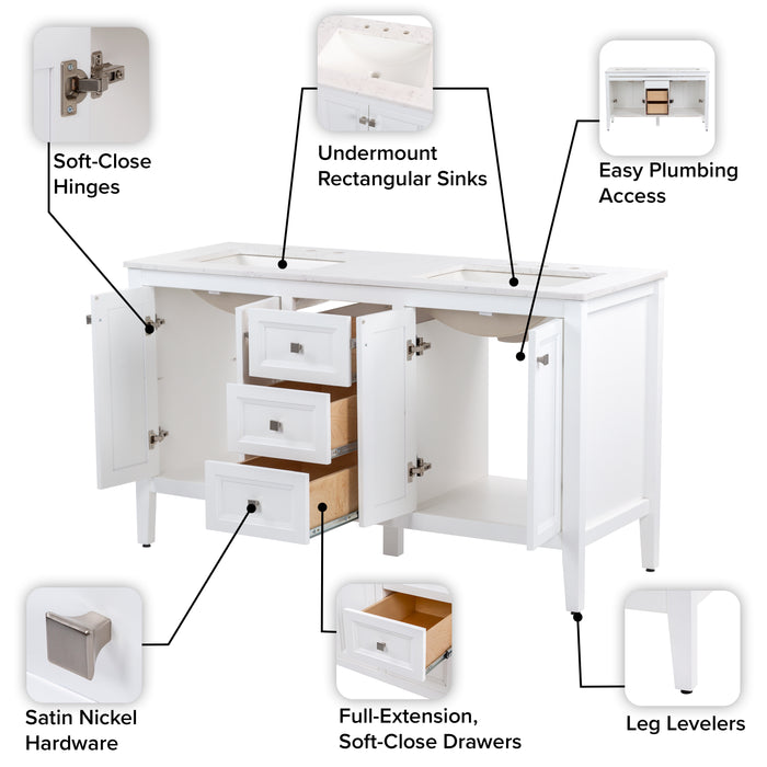 Features of Cartland 61-in double-sink white bathroom vanity with two 2-door cabinets, 3 drawers, granite-look sink top
