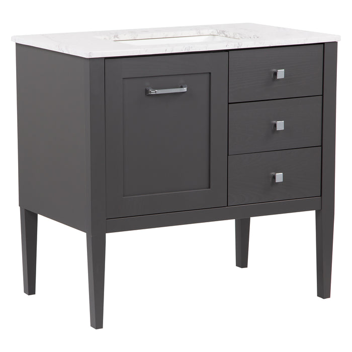 Side view of Fordwin 37 in furniture-style gray vanity with granite-look sink top, 2 drawers, cabinet