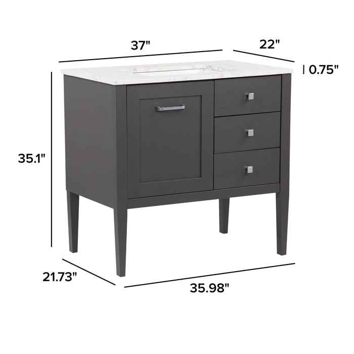 Measurements of Fordwin 37 in furniture-style vanity with gray finish: 37 in W x 22 in D x 35.1 in H