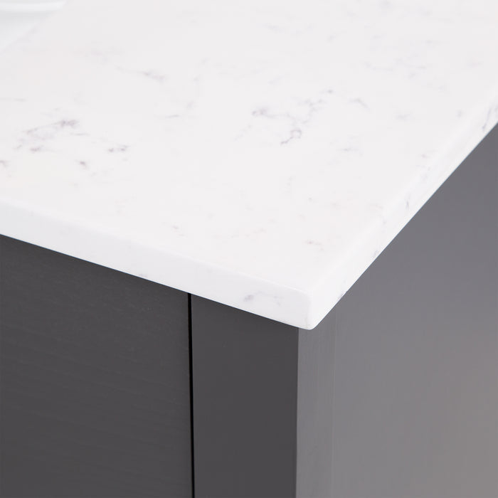 Closeup of vanity top pattern on Fordwin 37 in furniture-style gray vanity with granite-look sink top, 2 drawers, cabinet