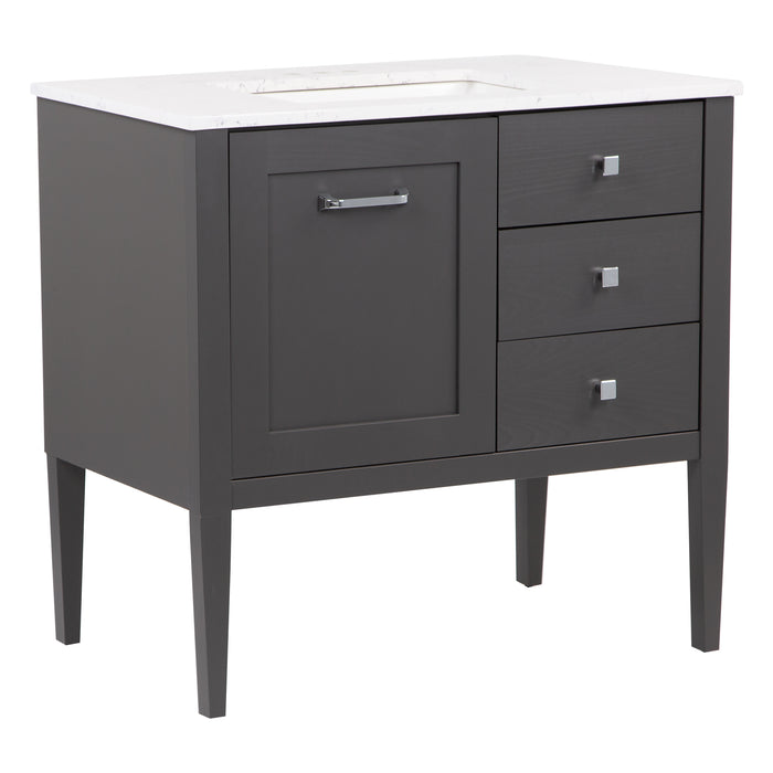 Angled view of Fordwin 37 in furniture-style gray vanity with granite-look sink top, 2 drawers, cabinet