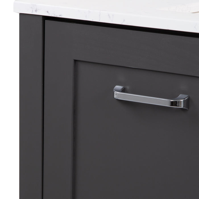 Close up of edge on Fordwin 37 in furniture-style gray vanity with granite-look sink top, 2 drawers, cabinet