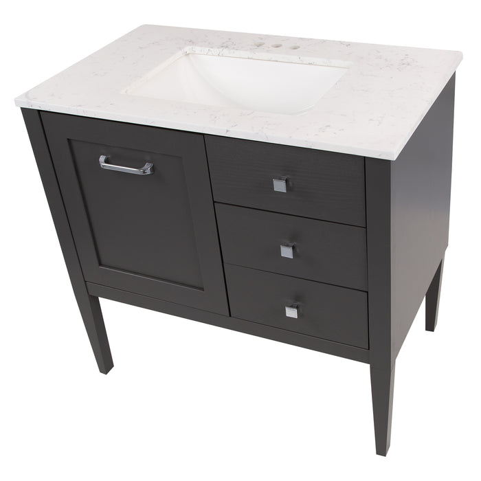 Top down view of Fordwin 37 in furniture-style gray vanity with granite-look sink top, 2 drawers, cabinet