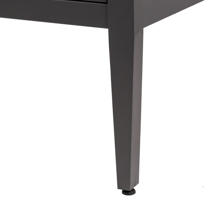 Closeup of leg and leveling foot on Fordwin 37 in furniture-style gray vanity with granite-look sink top, 2 drawers, cabinet