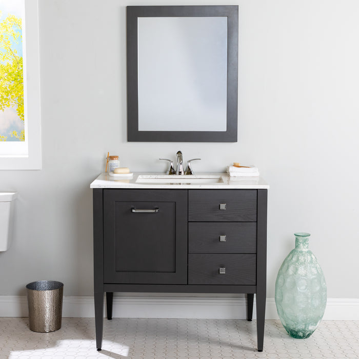 Fordwin 37 in furniture-style gray vanity with granite-look sink top, 2 drawers, cabinet installed in bathroom with mirror