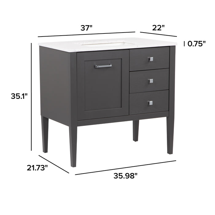 Measurements of Fordwin 37 in furniture-style gray vanity with granite-look sink top, 2 drawers, cabinet: 37 in W x 22 in D x 35.1 in H