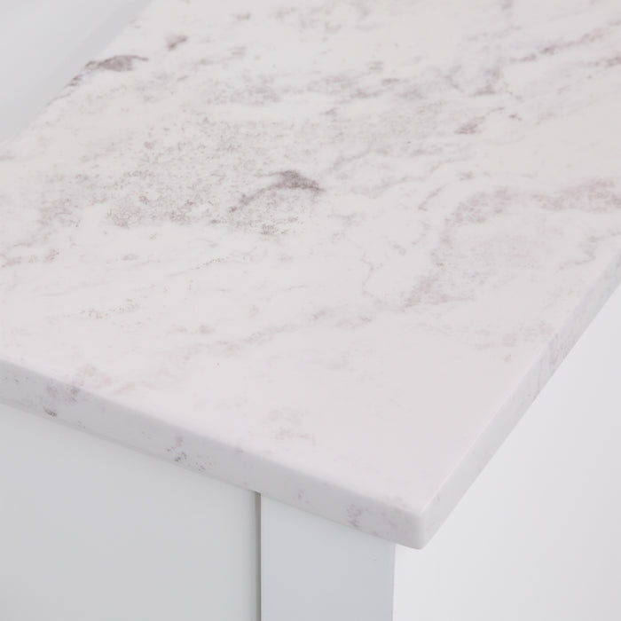 Closeup of countertop on Fordwin 37 in furniture-style white vanity with granite-look sink top, 2 drawers, cabinet