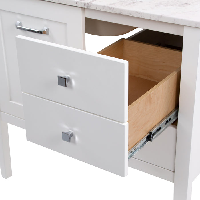 Open false-front drawer on Fordwin 37 in furniture-style white vanity with granite-look sink top, 2 drawers, cabinet
