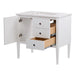 Open drawers and door on Fordwin 37 in furniture-style white vanity with granite-look sink top, 2 drawers, cabinet