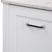 Closeup of side of Fordwin 37 in furniture-style white vanity with granite-look sink top, 2 drawers, cabinet