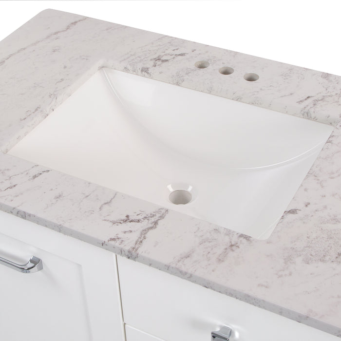 Closeup of counter and integrated sink on Fordwin 37 in furniture-style white vanity with granite-look sink top, 2 drawers, cabinet