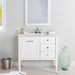 Fordwin 37 in furniture-style white vanity with granite-look sink top, 2 drawers, cabinet installed in bathroom with mirror