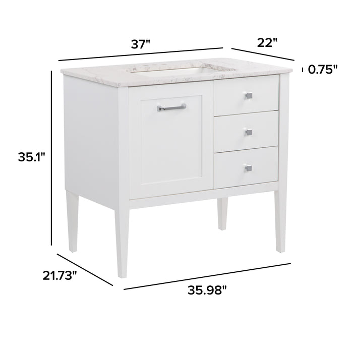 Measurements of Fordwin 37 in furniture-style white vanity with granite-look sink top, 2 drawers, cabinet: 37 in W x 22 in D x 35.1 H