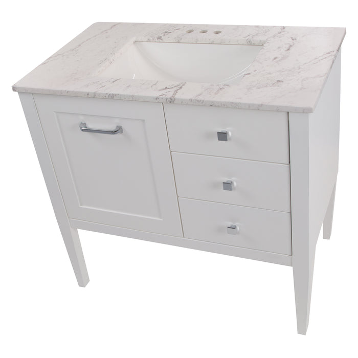 Top down view of Fordwin 37 in furniture-style white vanity with granite-look sink top, 2 drawers, cabinet