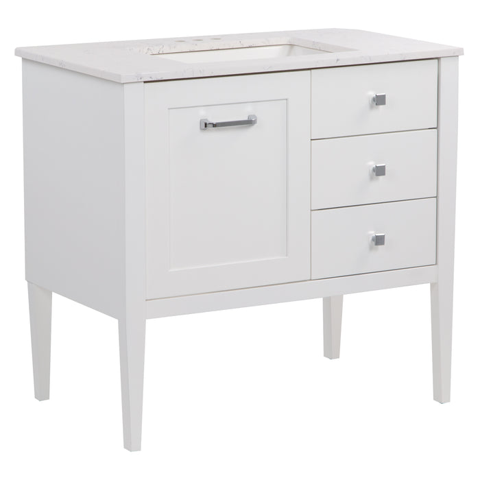 Angled view of Fordwin 37 in furniture-style white vanity with granite-look sink top, 2 drawers, cabinet