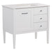 Angled view of Fordwin 37 in furniture-style white vanity with granite-look sink top, 2 drawers, cabinet