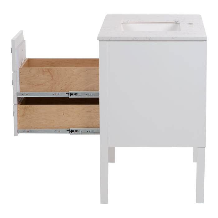 Right side with drawer open on Fordwin 37 in furniture-style white vanity with granite-look sink top, 2 drawers, cabinet