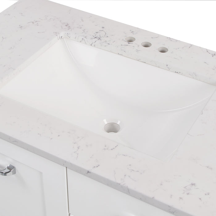Predrilled cultured marble sink on Fordwin 37 in furniture-style white vanity with granite-look sink top, 2 drawers, cabinet